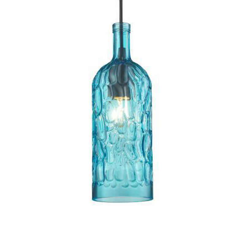 Vintage Art Deco Wine Bottle Hanging Lamp Wavy Glass 1 Light Restaurant Down Lighting Pendant for Bar Blue Clearhalo 'Ceiling Lights' 'Glass shade' 'Glass' 'Industrial Pendants' 'Industrial' 'Middle Century Pendants' 'Pendant Lights' 'Pendants' 'Tiffany' Lighting' 2554276