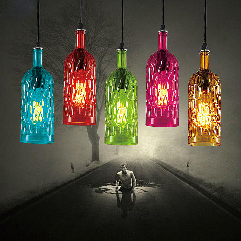 Vintage Art Deco Wine Bottle Hanging Lamp Wavy Glass 1 Light Restaurant Down Lighting Pendant for Bar Clearhalo 'Ceiling Lights' 'Glass shade' 'Glass' 'Industrial Pendants' 'Industrial' 'Middle Century Pendants' 'Pendant Lights' 'Pendants' 'Tiffany' Lighting' 2554279