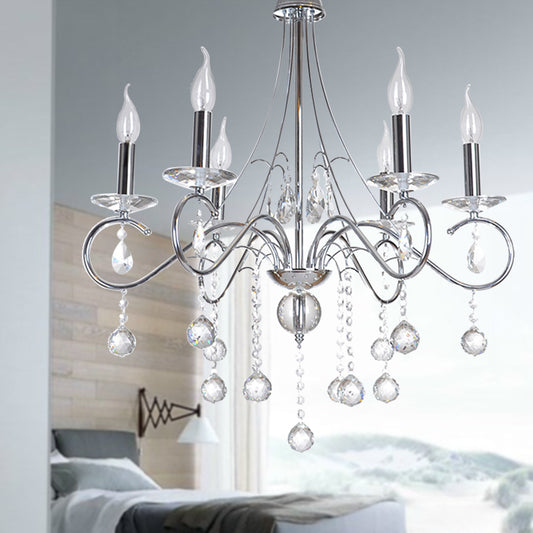 Candle Living Room Chandelier Lighting Traditional Metal 6 Heads Silver Hanging Light with Crystal Ball Decoration Silver Clearhalo 'Ceiling Lights' 'Chandeliers' 'Modern Chandeliers' 'Modern' Lighting' 255435