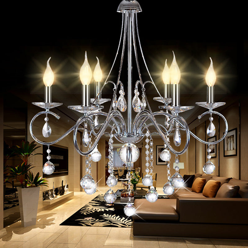 Candle Living Room Chandelier Lighting Traditional Metal 6 Heads Silver Hanging Light with Crystal Ball Decoration Clearhalo 'Ceiling Lights' 'Chandeliers' 'Modern Chandeliers' 'Modern' Lighting' 255436