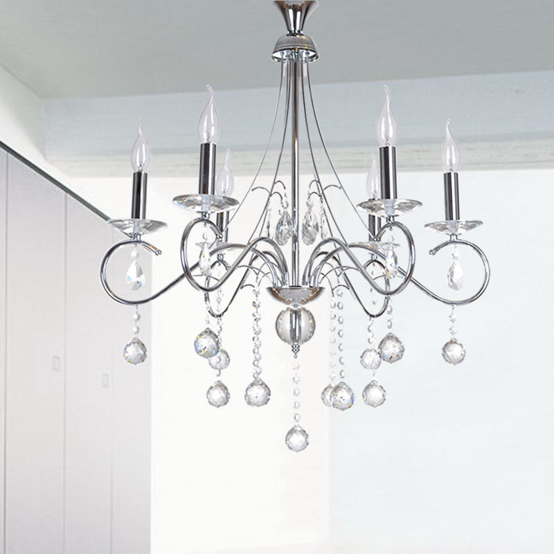 Candle Living Room Chandelier Lighting Traditional Metal 6 Heads Silver Hanging Light with Crystal Ball Decoration Clearhalo 'Ceiling Lights' 'Chandeliers' 'Modern Chandeliers' 'Modern' Lighting' 255437