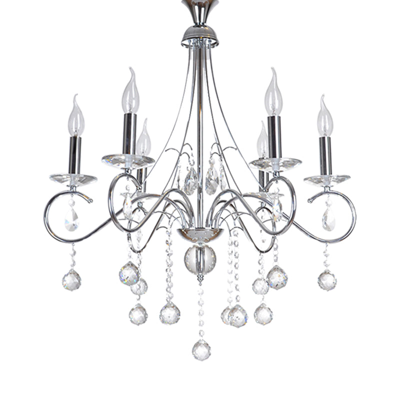 Candle Living Room Chandelier Lighting Traditional Metal 6 Heads Silver Hanging Light with Crystal Ball Decoration Clearhalo 'Ceiling Lights' 'Chandeliers' 'Modern Chandeliers' 'Modern' Lighting' 255439