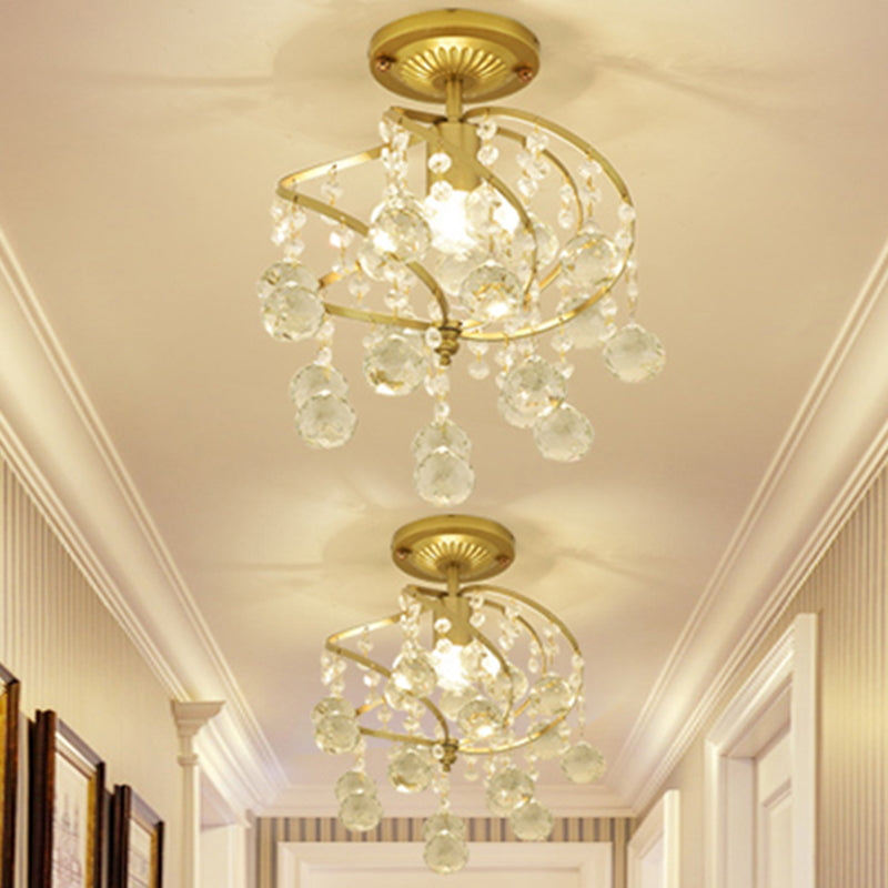 Spiral Semi Flush Lamp Contemporary Metallic 1 Light Golden Corridor Flush Ceiling Light with Crystal Drop Clearhalo 'Ceiling Lights' 'Close To Ceiling Lights' 'Close to ceiling' 'Semi-flushmount' Lighting' 255441