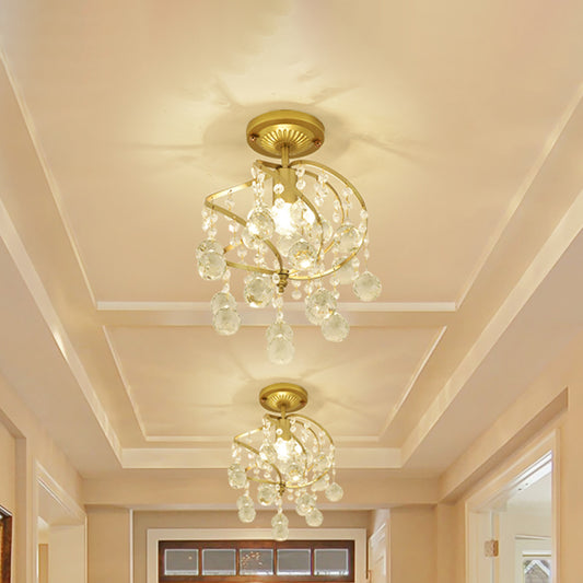 Spiral Semi Flush Lamp Contemporary Metallic 1 Light Golden Corridor Flush Ceiling Light with Crystal Drop Gold Clearhalo 'Ceiling Lights' 'Close To Ceiling Lights' 'Close to ceiling' 'Semi-flushmount' Lighting' 255442