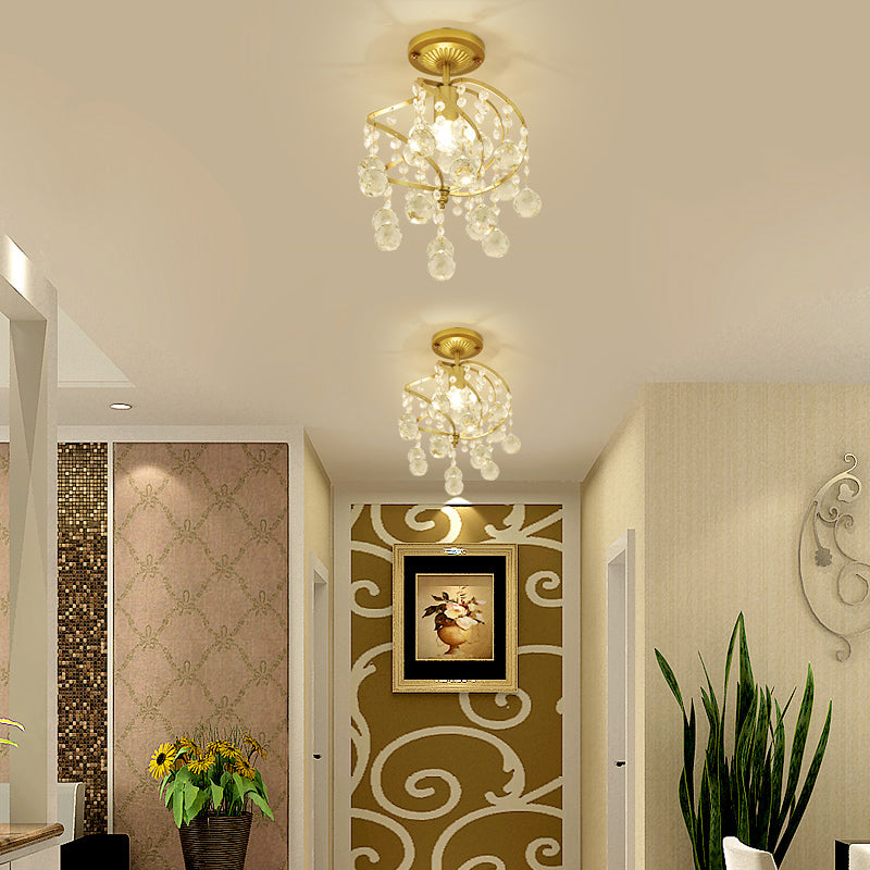 Spiral Semi Flush Lamp Contemporary Metallic 1 Light Golden Corridor Flush Ceiling Light with Crystal Drop Clearhalo 'Ceiling Lights' 'Close To Ceiling Lights' 'Close to ceiling' 'Semi-flushmount' Lighting' 255443