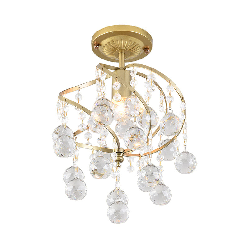 Spiral Semi Flush Lamp Contemporary Metallic 1 Light Golden Corridor Flush Ceiling Light with Crystal Drop Clearhalo 'Ceiling Lights' 'Close To Ceiling Lights' 'Close to ceiling' 'Semi-flushmount' Lighting' 255444