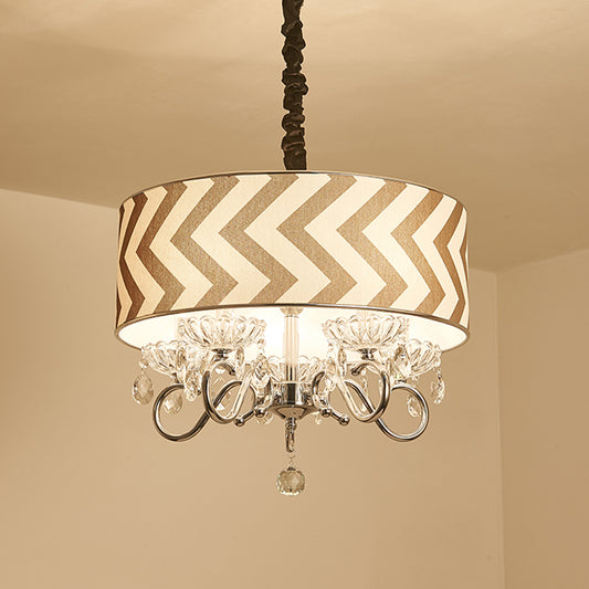 Drum Beige Fabric Chandelier Lamp Traditional 5 Heads Bedroom Hanging Light Fixture with Crystal Drop Clearhalo 'Ceiling Lights' 'Chandeliers' Lighting' options 255445