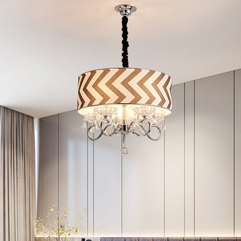 Drum Beige Fabric Chandelier Lamp Traditional 5 Heads Bedroom Hanging Light Fixture with Crystal Drop Clearhalo 'Ceiling Lights' 'Chandeliers' Lighting' options 255446