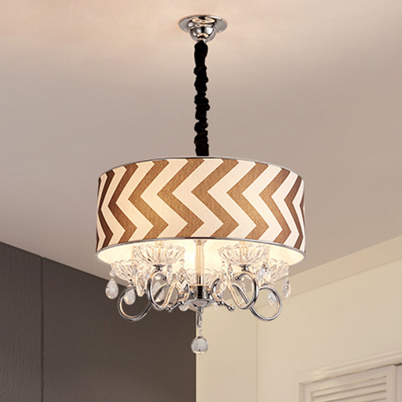 Drum Beige Fabric Chandelier Lamp Traditional 5 Heads Bedroom Hanging Light Fixture with Crystal Drop Clearhalo 'Ceiling Lights' 'Chandeliers' Lighting' options 255447