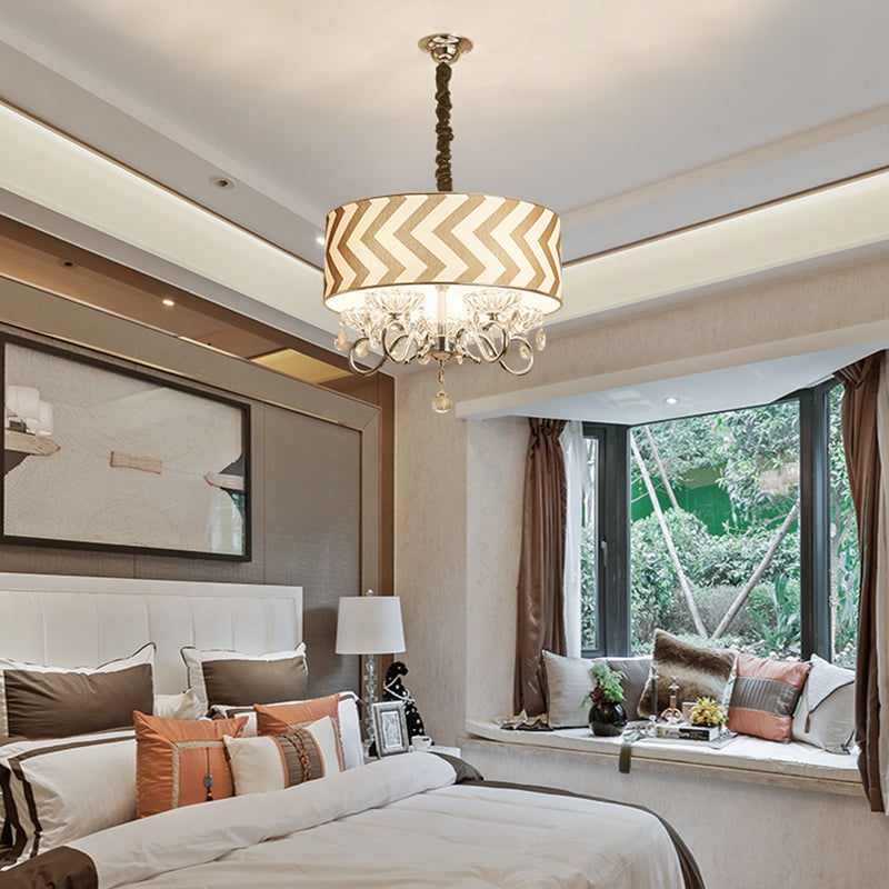 Drum Beige Fabric Chandelier Lamp Traditional 5 Heads Bedroom Hanging Light Fixture with Crystal Drop Clearhalo 'Ceiling Lights' 'Chandeliers' Lighting' options 255448