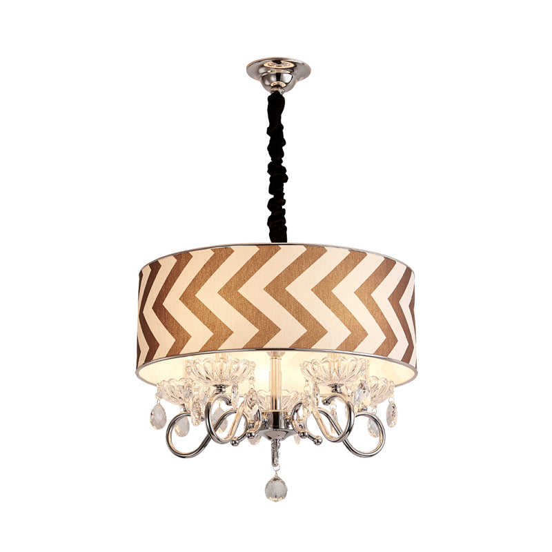 Drum Beige Fabric Chandelier Lamp Traditional 5 Heads Bedroom Hanging Light Fixture with Crystal Drop Clearhalo 'Ceiling Lights' 'Chandeliers' Lighting' options 255449