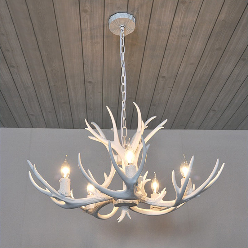 5 Lights Resin Chandelier Lamp Classic White/Brown and Yellow Antler Dining Room Hanging Ceiling Light with/without Shade Clearhalo 'Ceiling Lights' 'Chandeliers' Lighting' options 255470