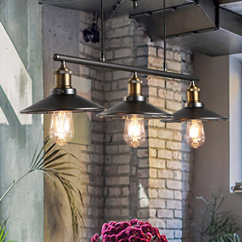 Saucer Foyer Island Lighting Industrial Style Metal 3 Lights Black Hanging Ceiling Light with Pulley Black Clearhalo 'Ceiling Lights' 'Island Lights' Lighting' 255477