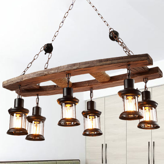 Clear Glass Black Island Pendant Lantern 6-Light Rustic Hanging Light Kit with Wooden Board Black Clearhalo 'Ceiling Lights' 'Island Lights' Lighting' 255497