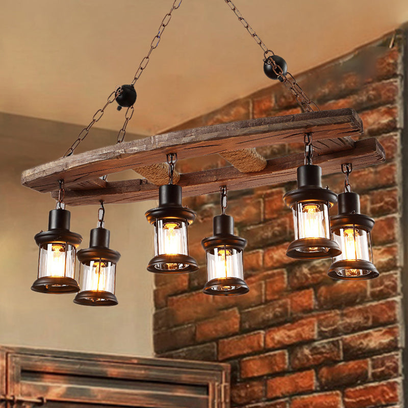 Clear Glass Black Island Pendant Lantern 6-Light Rustic Hanging Light Kit with Wooden Board Clearhalo 'Ceiling Lights' 'Island Lights' Lighting' 255498