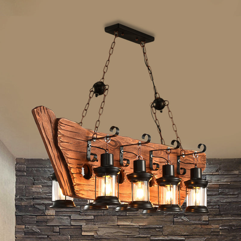 4-Bulb Clear Glass Island Lamp Industrial Black Lantern Dining Room Pendant Lighting with Wood Design Black Clearhalo 'Ceiling Lights' 'Island Lights' Lighting' 255503