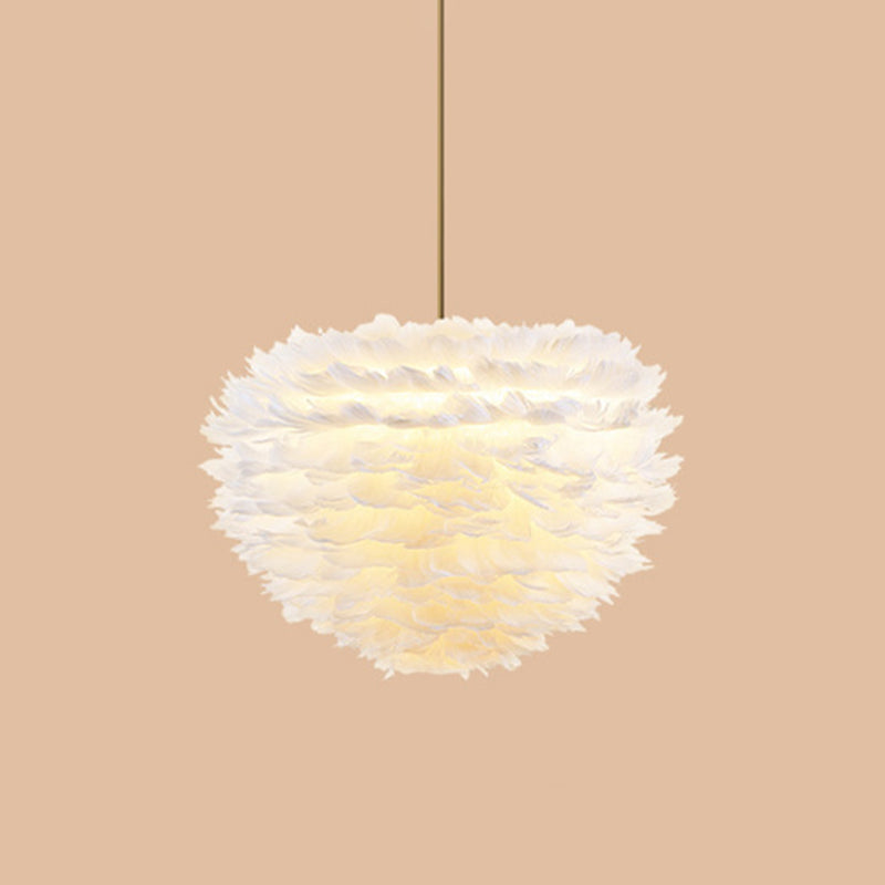 Contemporary Globe Feather Chandelier Lamp Modern White Hand-Woven Feathers Hanging Pendant Light for Bedroom 1 White Clearhalo 'Ceiling Lights' 'Chandeliers' 'Modern Chandeliers' 'Modern' Lighting' 2555068