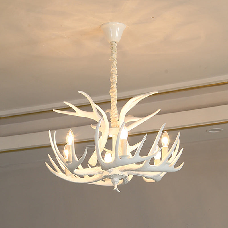 Faux Deer Horn Chandelier American Rustic Wood-like Resin Restaurant Pendant Light Fixtures 6 White Clearhalo 'Ceiling Lights' 'Chandeliers' Lighting' 2555105