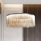 Circular Metal Tassel Chain Chandelier Lamp Postmodern Style Living Room Pendant Lighting Fixture with 3-Colored SMD LED Clearhalo 'Ceiling Lights' 'Chandeliers' 'Modern Chandeliers' 'Modern' Lighting' 2555131