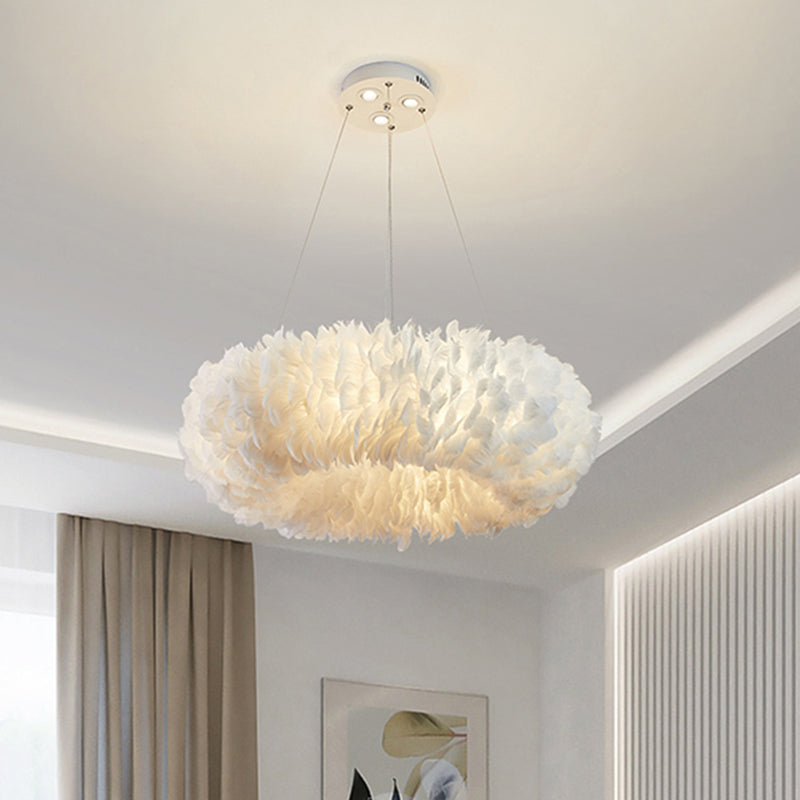 White Doughnut Shape Feather Chandelier Light Modern Style Hanging Pendant Lamp for Bedroom Clearhalo 'Ceiling Lights' 'Chandeliers' 'Modern Chandeliers' 'Modern' Lighting' 2555222