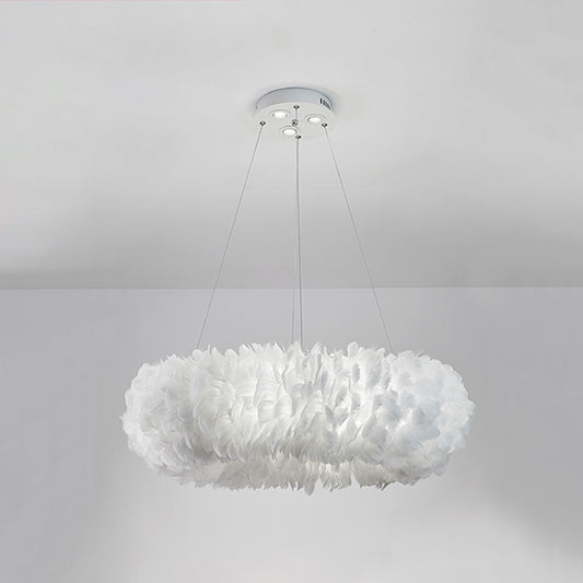 White Doughnut Shape Feather Chandelier Light Modern Style Hanging Pendant Lamp for Bedroom White 24" Clearhalo 'Ceiling Lights' 'Chandeliers' 'Modern Chandeliers' 'Modern' Lighting' 2555223