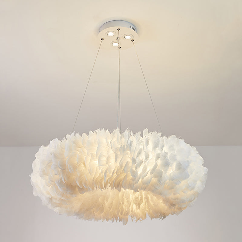 White Doughnut Shape Feather Chandelier Light Modern Style Hanging Pendant Lamp for Bedroom Clearhalo 'Ceiling Lights' 'Chandeliers' 'Modern Chandeliers' 'Modern' Lighting' 2555225