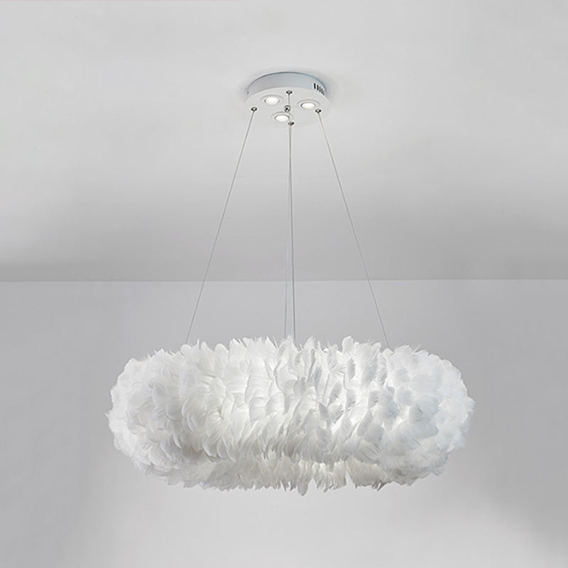 White Doughnut Shape Feather Chandelier Light Modern Style Hanging Pendant Lamp for Bedroom White 27.5" Clearhalo 'Ceiling Lights' 'Chandeliers' 'Modern Chandeliers' 'Modern' Lighting' 2555226