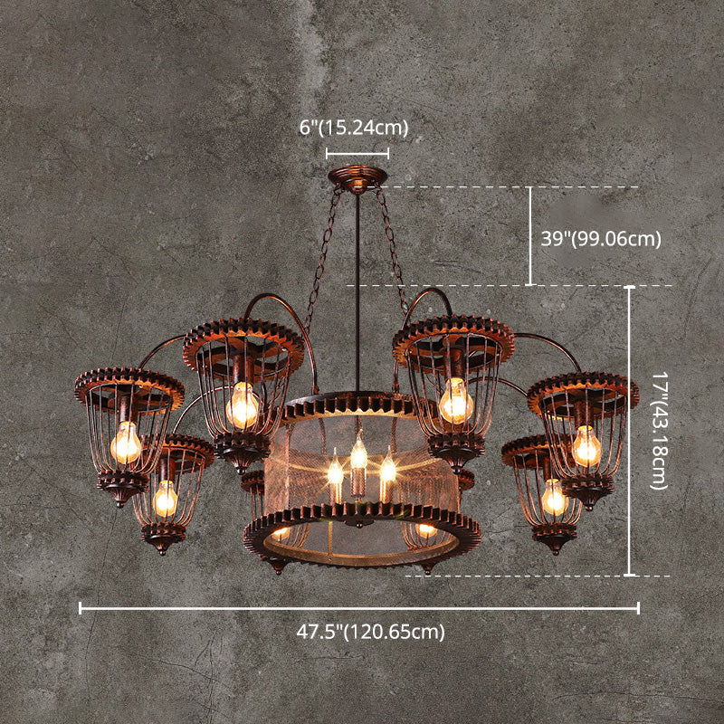 Wrought Iron Large Cage Chandelier Industrial Style Hanging Pendant Light Fixtures in Rust Finish Clearhalo 'Cast Iron' 'Ceiling Lights' 'Chandeliers' 'Industrial Chandeliers' 'Industrial' 'Metal' 'Middle Century Chandeliers' 'Rustic Chandeliers' 'Tiffany' Lighting' 2555296