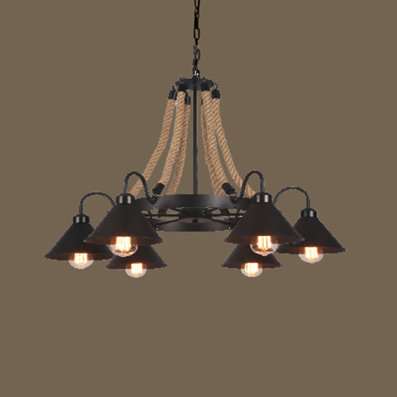 Vintage Industrial Style Large Chandelier with Rope and Cone Metal Shade Coffee Shop Hanging Pendant Light 6 Black Clearhalo 'Ceiling Lights' 'Chandeliers' 'Industrial Chandeliers' 'Industrial' 'Middle Century Chandeliers' 'Tiffany' Lighting' 2555304