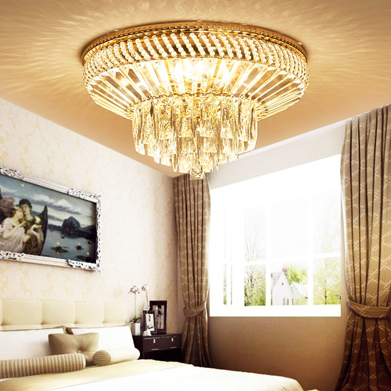 Dual-Layered Close to Ceiling Light Contemporary Crystal 6 Lights Bedroom Flush Mount Fixture in Gold Clearhalo 'Ceiling Lights' 'Close To Ceiling Lights' 'Close to ceiling' 'Flush mount' Lighting' 255534