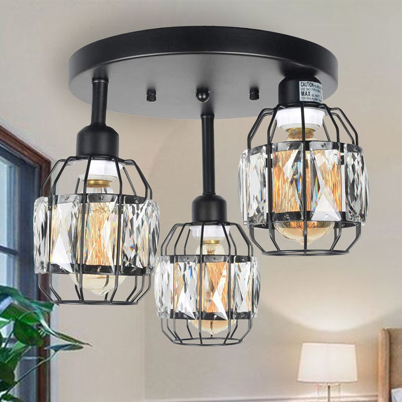 Traditional Cup Shape Flush Ceiling Lamp Iron Frame 3-Light Black Semi Flushmount Lighting with Crystal Accent Clearhalo 'Ceiling Lights' 'Close To Ceiling Lights' 'Close to ceiling' 'Flush mount' Lighting' 255561