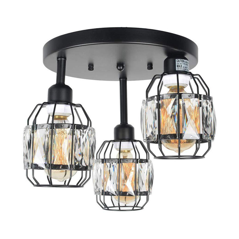 Traditional Cup Shape Flush Ceiling Lamp Iron Frame 3-Light Black Semi Flushmount Lighting with Crystal Accent Clearhalo 'Ceiling Lights' 'Close To Ceiling Lights' 'Close to ceiling' 'Flush mount' Lighting' 255564