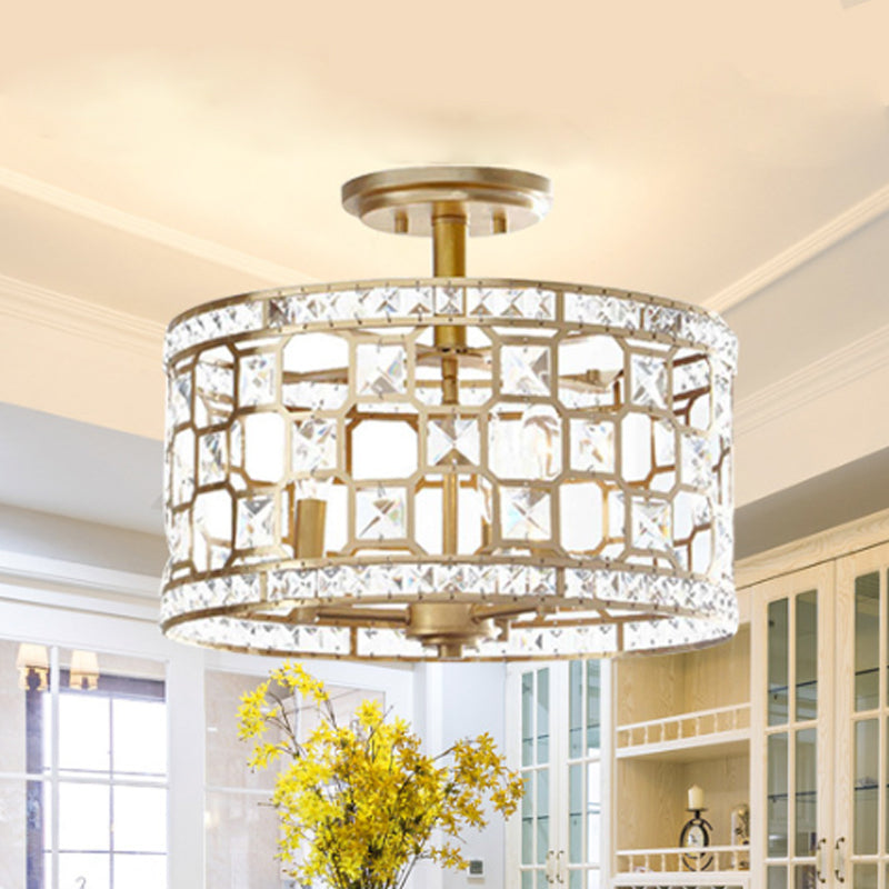 Chinese Style 3-Light Semi Flush Lamp Golden Round Flushmount Ceiling Fixture with Metallic and Crystal Shade Gold Clearhalo 'Ceiling Lights' 'Close To Ceiling Lights' 'Close to ceiling' 'Semi-flushmount' Lighting' 255565