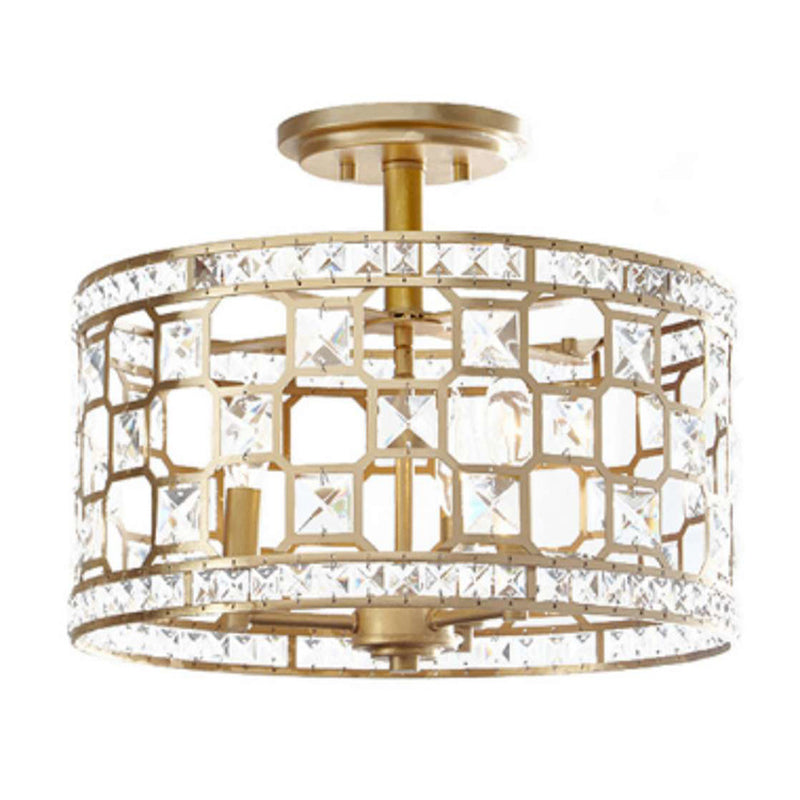 Chinese Style 3-Light Semi Flush Lamp Golden Round Flushmount Ceiling Fixture with Metallic and Crystal Shade Clearhalo 'Ceiling Lights' 'Close To Ceiling Lights' 'Close to ceiling' 'Semi-flushmount' Lighting' 255568