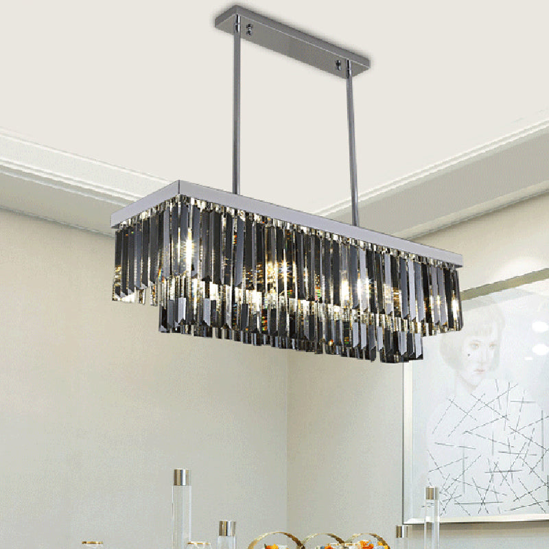 Rectangle Hanging Light Modern Smoke Gray Crystal Block 6/8/10 Heads Dining Room Chandelier Lamp Clearhalo 'Ceiling Lights' 'Chandeliers' 'Modern Chandeliers' 'Modern' Lighting' 255569