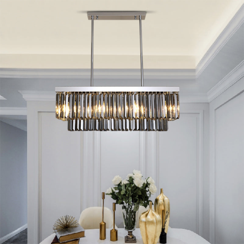 Rectangle Hanging Light Modern Smoke Gray Crystal Block 6/8/10 Heads Dining Room Chandelier Lamp 6 Smoke Gray Clearhalo 'Ceiling Lights' 'Chandeliers' 'Modern Chandeliers' 'Modern' Lighting' 255570