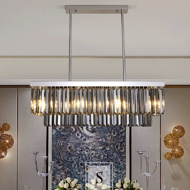 Rectangle Hanging Light Modern Smoke Gray Crystal Block 6/8/10 Heads Dining Room Chandelier Lamp 8 Smoke Gray Clearhalo 'Ceiling Lights' 'Chandeliers' 'Modern Chandeliers' 'Modern' Lighting' 255579