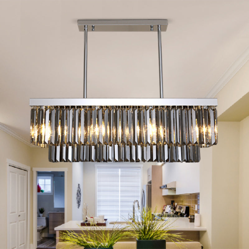 Rectangle Hanging Light Modern Smoke Gray Crystal Block 6/8/10 Heads Dining Room Chandelier Lamp Clearhalo 'Ceiling Lights' 'Chandeliers' 'Modern Chandeliers' 'Modern' Lighting' 255580