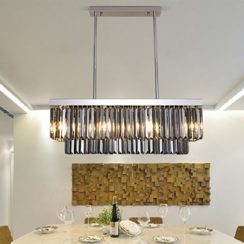 Rectangle Hanging Light Modern Smoke Gray Crystal Block 6/8/10 Heads Dining Room Chandelier Lamp Clearhalo 'Ceiling Lights' 'Chandeliers' 'Modern Chandeliers' 'Modern' Lighting' 255581