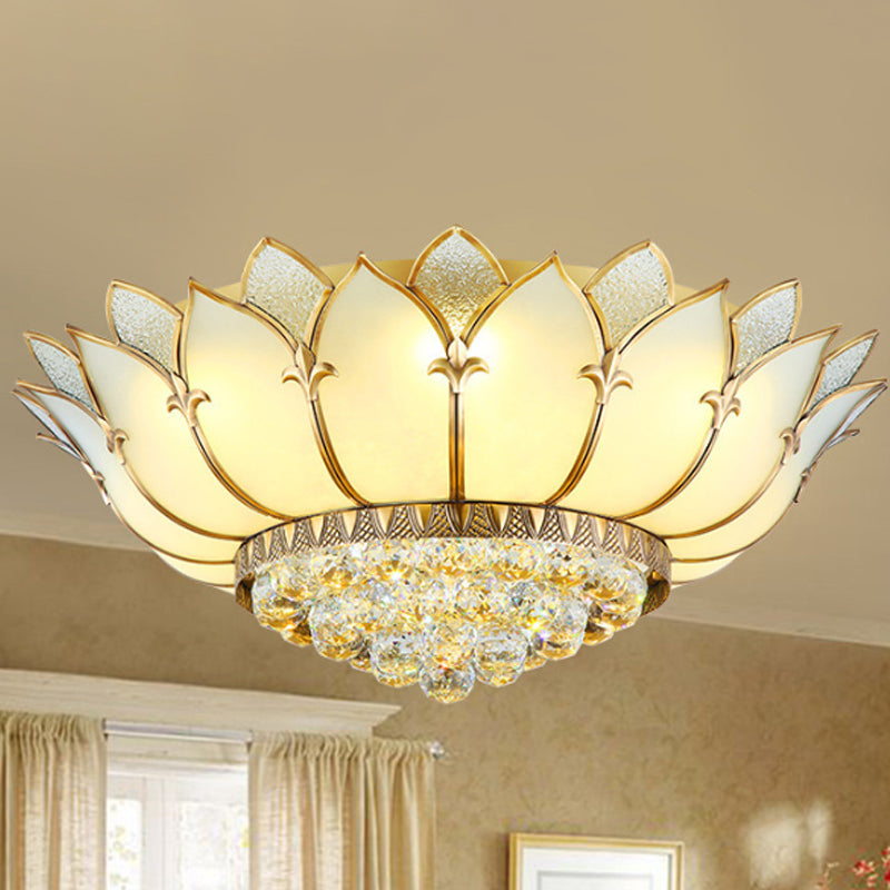 Prismatic Glass Lotus Flush Mount Chinese Style 5 Lights White Ceiling Light Fixture with Crystal Finial Clearhalo 'Ceiling Lights' 'Close To Ceiling Lights' 'Close to ceiling' 'Flush mount' Lighting' 255586