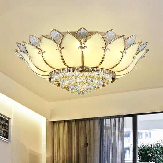 Prismatic Glass Lotus Flush Mount Chinese Style 5 Lights White Ceiling Light Fixture with Crystal Finial White Clearhalo 'Ceiling Lights' 'Close To Ceiling Lights' 'Close to ceiling' 'Flush mount' Lighting' 255587