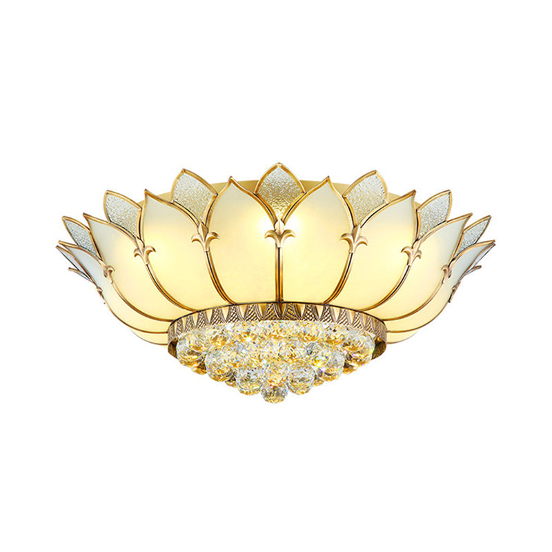 Prismatic Glass Lotus Flush Mount Chinese Style 5 Lights White Ceiling Light Fixture with Crystal Finial Clearhalo 'Ceiling Lights' 'Close To Ceiling Lights' 'Close to ceiling' 'Flush mount' Lighting' 255589