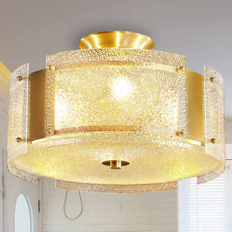 Golden Semi Flush Drum Light Simplicity 4-Light Water Glass Ceiling Mounted Fixture Clearhalo 'Ceiling Lights' 'Close To Ceiling Lights' 'Close to ceiling' 'Semi-flushmount' Lighting' 255617