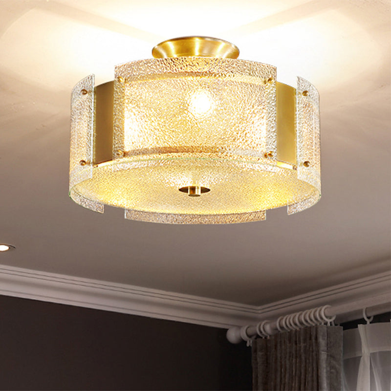 Golden Semi Flush Drum Light Simplicity 4-Light Water Glass Ceiling Mounted Fixture Gold Clearhalo 'Ceiling Lights' 'Close To Ceiling Lights' 'Close to ceiling' 'Semi-flushmount' Lighting' 255618