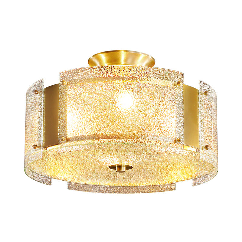 Golden Semi Flush Drum Light Simplicity 4-Light Water Glass Ceiling Mounted Fixture Clearhalo 'Ceiling Lights' 'Close To Ceiling Lights' 'Close to ceiling' 'Semi-flushmount' Lighting' 255620