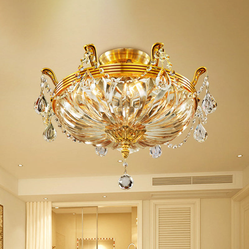 Dome Clear Glass Semi Flush Light Modernist 5 Lights Gold Flush Mount Ceiling Light Fixture with Crystal Draping Clearhalo 'Ceiling Lights' 'Close To Ceiling Lights' 'Close to ceiling' 'Semi-flushmount' Lighting' 255641