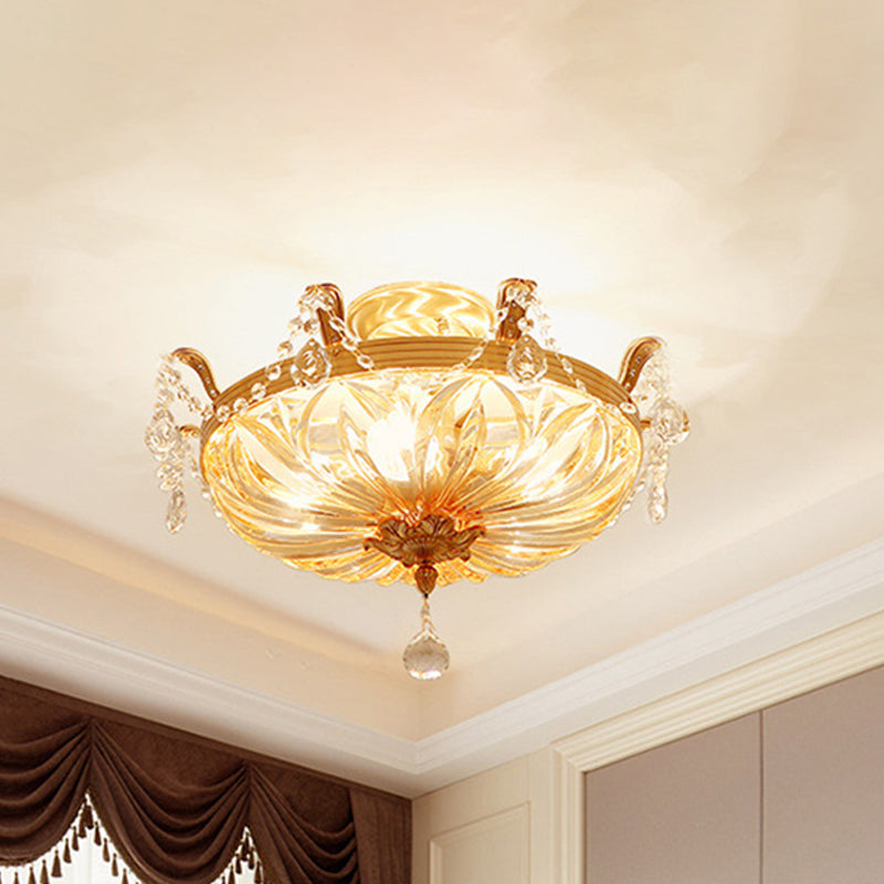 Dome Clear Glass Semi Flush Light Modernist 5 Lights Gold Flush Mount Ceiling Light Fixture with Crystal Draping Gold Clearhalo 'Ceiling Lights' 'Close To Ceiling Lights' 'Close to ceiling' 'Semi-flushmount' Lighting' 255642