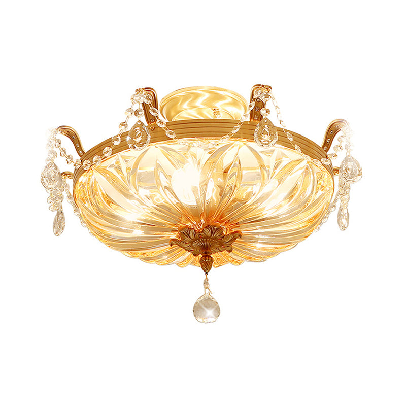 Dome Clear Glass Semi Flush Light Modernist 5 Lights Gold Flush Mount Ceiling Light Fixture with Crystal Draping Clearhalo 'Ceiling Lights' 'Close To Ceiling Lights' 'Close to ceiling' 'Semi-flushmount' Lighting' 255644