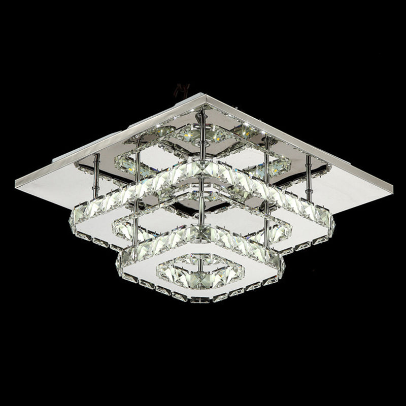 Quad Shaped Crystal Ceiling Light Modern Stainless Steel LED Semi Flush Light for Foyer Stainless-Steel Square Clearhalo 'Ceiling Lights' 'Close To Ceiling Lights' 'Close to ceiling' 'Semi-flushmount' Lighting' 2556457