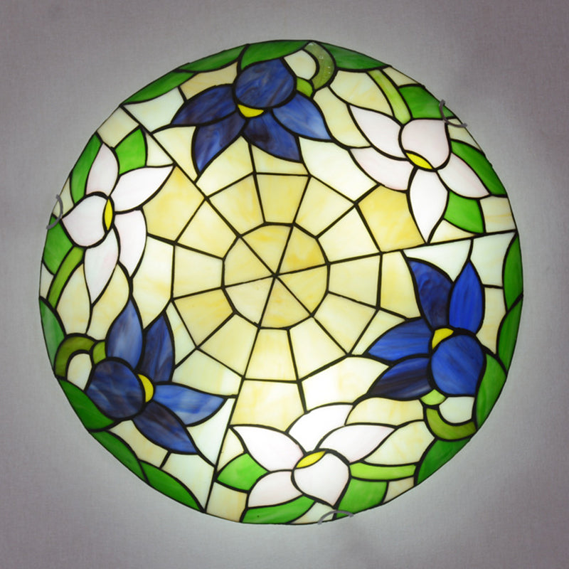 Bowl Shaped Flush Ceiling Light Stained Glass Tiffany Flushmount Lighting for Bedroom Dark Blue Clearhalo 'Ceiling Lights' 'Close To Ceiling Lights' 'Close to ceiling' 'Flush mount' Lighting' 2556541